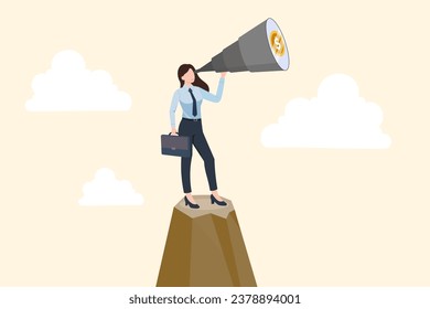 Businesswoman looks for profit opportunities with big telescope on mountain top, Business investment and market prediction, vision, Perspective business planning, Business vector illustration.