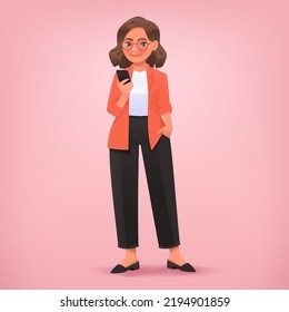 Businesswoman looks at the smartphone screen. Doing business online. Vector illustration in cartoon style