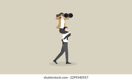 A businesswoman looks for success. A visionary boss uses binoculars and rides piggyback on an employee team staff. Business opportunity, challenge, ambition, intention, work hard and vision concept.