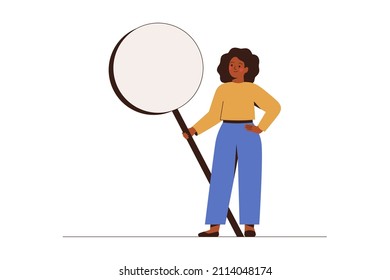 Businesswoman looks through a big magnifier. African American female inspects or researches something far loupe. Concept of analysis and finding business solutions.Vector illustration