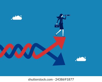 Mujer de negocios mira a través de prismáticos en el gráfico de volatilidad. Concepto de inversión 