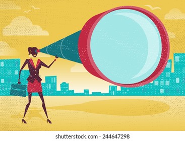 Businesswoman looks through her Telescope. Great illustration of Retro styled Businesswoman who's getting a really great view of the business landscape with her gigantic telescope.