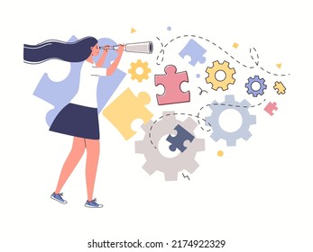 Businesswoman looks through spyglass against backdrop of puzzles and gears. Concept of search, vision, forecasting, future. Flat cartoon vector illustration.