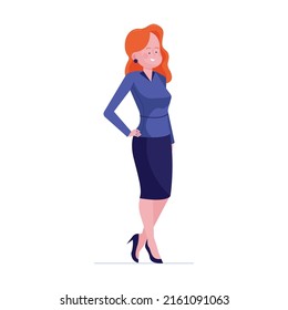 Businesswoman with loose hair standing. Successful woman in suit and heels smiling flat vector illustration. Office staff concept for banner