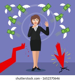 Businesswoman lose money with loss arrow, illustration vector cartoo