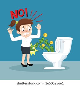 Businesswoman is losing money in toilet, illustration vector cartoon