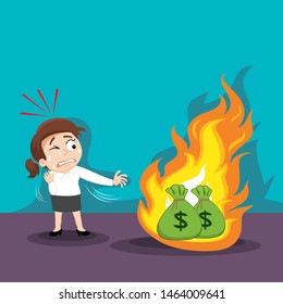 Businesswoman lost her money in burning money, illustration vector cartoon
