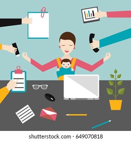 Businesswoman in lotus meditation position in work office with baby in carrier, sling. Multitasking concept. Flat  illustration.