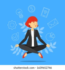 Businesswoman in lotus pose meditating vector isolated. Relaxation on the work. Professional worker training concentration.
