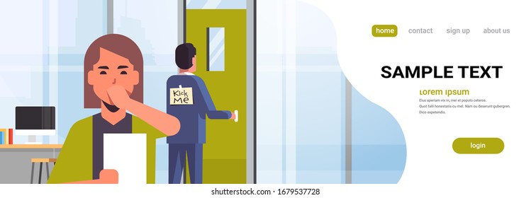 businesswoman luaghing sticky note with text kick me on back of businessman april fools day concept modern office interior horizontal copy space portrait vector illustration