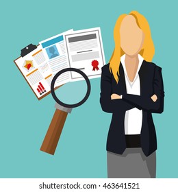 businesswoman lupe document human resources business icon. Colorfull and flat illustration. Vector graphic
