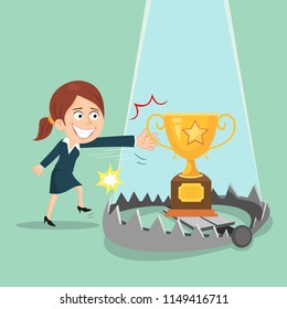 Businesswoman was lured into bear trap, illustration vector cartoon