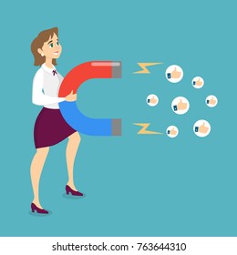 Businesswoman with magnet attracting likes for social media content.