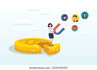 Empresária com ímã em custo de dólar, custo de aquisição de clientes, CAC, custo de publicidade para geração de leads, despesas de marketing ou gastos com retenção de clientes, otimizar o conceito de taxa de conversão