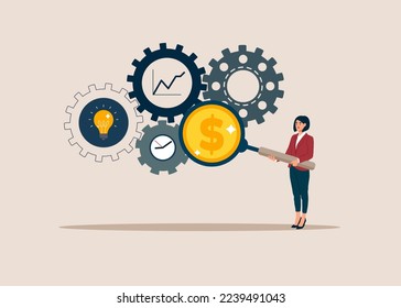 Businesswoman with magnifier dollar money from cog gear production. Optimize cost and expense for better profit strategy. Modern flat vector illustration