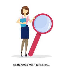 Businesswoman with magnifying glass. Business research and expertise. Female character in suit with loupe. Vector illustration in cartoon style