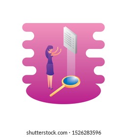 businesswoman with magnifying glass and documents vector illustration design