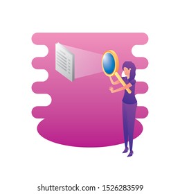 businesswoman with magnifying glass and documents vector illustration design