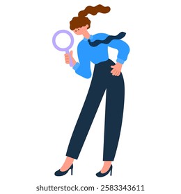 Businesswoman with magnifying glass, hiring and talent search concept vector illustration