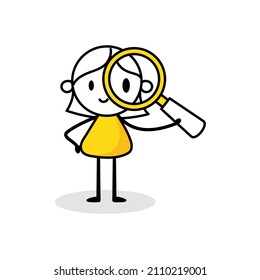 Mujer de negocios con una lupa aislada de fondo blanco. Mujer de arte de la línea del doodle dibujada a mano. Ilustración de material vectorial.