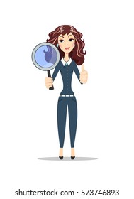 Businesswoman with a magnifying glass. Thumbs up. Concept search