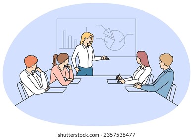 Businesswoman make presentation for colleagues in office meeting. Successful woman leader present financial project for employee. Teamwork and leadership. Vector illustration.