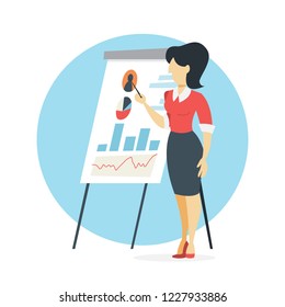 Businesswoman make presentation with graph and chart. Office meeting or seminar. Isolated flat vector illustration