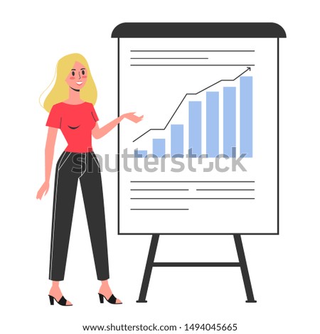 Businesswoman make presentation with graph and chart. Office meeting or seminar. Isolated flat illustration