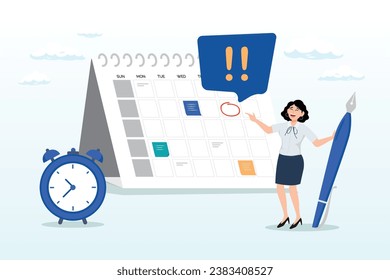 Businesswoman with make a red circle on important day on calendar, important appointment calendar date, reminder or schedule for meeting or event, work deadline or planning for launch date (Vector)