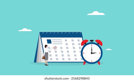 businesswoman make a red circle on important day on calendar illustration, calendar date of important appointment, reminder or schedule of meeting or event, work deadline or launch date planning