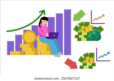 Businesswoman makes arbitrage. Making money, losing money. Vector simple color flat illustration.