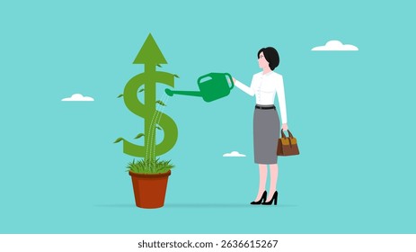 businesswoman makes financial growth graph by water the money plant with a watering can, long term investment concept, Growth Earning From Compound Interest In Long Term Investing, investment dividend