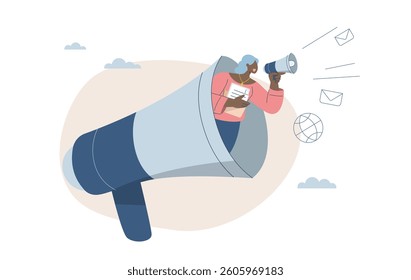 Businesswoman making announcements or advertisements over a megaphone, Public relations or notification from the organization, Marketing communication concept, Promotion or important news.