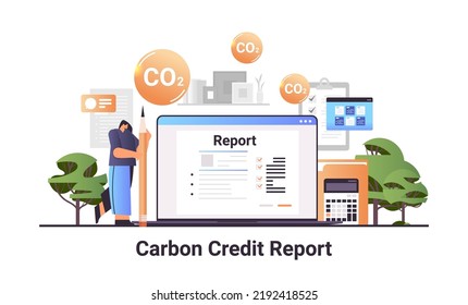 businesswoman making carbon credit report on laptop screen responsibility of co2 emission environment strategy