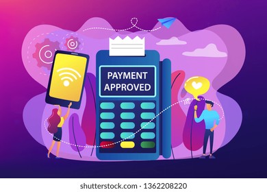 Businesswoman making contactless payment through mobile phone. NFC connection, NFC communication stand, contactless payment method concept. Bright vibrant violet vector isolated illustration