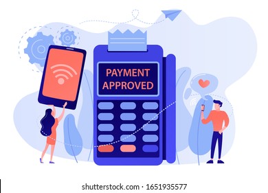 Businesswoman making contactless payment through mobile phone. NFC connection, NFC communication stand, contactless payment method concept. Pinkish coral bluevector isolated illustration