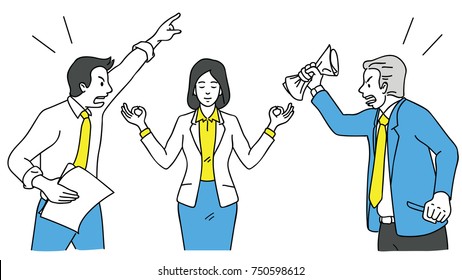 Businesswoman making meditation, lotus finger gesture, to concentrate her mind during her colleagues, coworkers and friends keep shouting, arguing, fighting. Outline, linear, hand drawn sketch design.