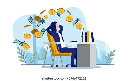 Businesswoman making money from desk at office - Woman sitting in chair while earning cash from computer. Online work and salary concept. Vector illustration with white background.