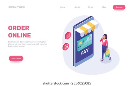 Businesswoman is making online payment using credit card and smartphone, shopping online isometric concept with awning, shopping cart and discount symbols