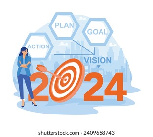 Businesswoman making plan ideas to achieve business goals in 2024. City view in the background. Business in the New Year 2024 concept. Trend Modern vector flat illustration