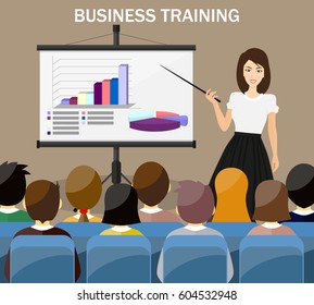 Businesswoman making presentation explaining charts on a white board. Business seminar. GRAPH AND DIAGRAM - 3D