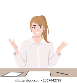 Businesswoman Making a Presentation Gesture in front of desk. Flat vector Character Illustration