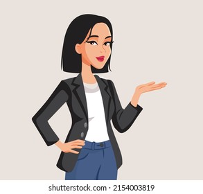 Businesswoman Making a Presentation Gesture Vector Cartoon Character. Cheerful business manager explaining and training at the workplace
