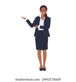 Businesswoman Making Presentation Gesture Vector Cartoon Character. Flat vector illustration isolated on white background