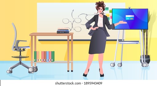 businesswoman making presentation on computer monitor business woman working in cabinet modern office interior horizontal full length vector illustration