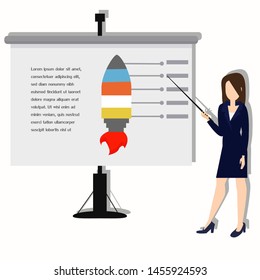 Businesswoman making presentation on white background. Flat cartoon style vector illustration.