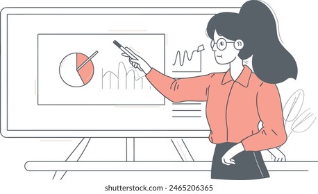 Businesswoman making a presentation with a pointer, public speaking, corporate seminar, professional demonstration. one continues line art vector illustration