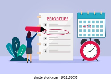 Businesswoman making priorities list with calendar and alarm clock to reminder. Priorities list vector concept