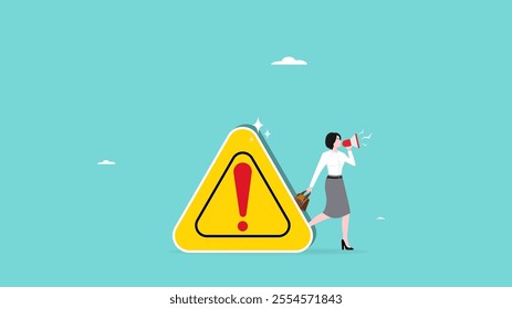 businesswoman making warning announcement use megaphone with attention exclamation sign. attention or warning information. breaking news or urgent message communication. Important announcement