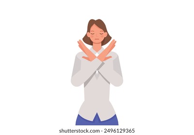 Businesswoman making X shape stop sign with arms character vector design. Flat illustration style.